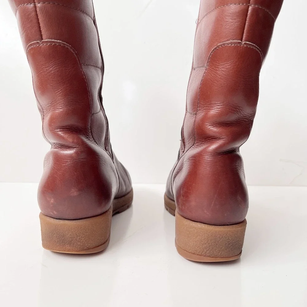 Blondo Leather Winter Boots Brown Quilted Faux Fur Lined Mid Calf Boho 70s Style